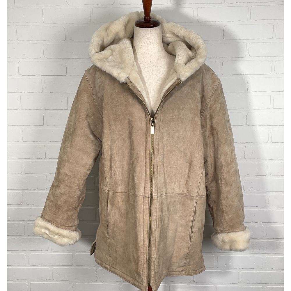 St. John's Bay Coat Women L Tan Washable Suede Hooded Faux Fur Lined Full Zip